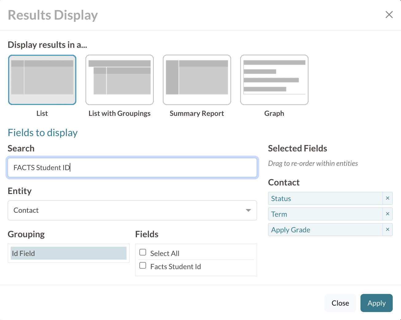 Searching for the FACTS Student ID field in the Results Display window