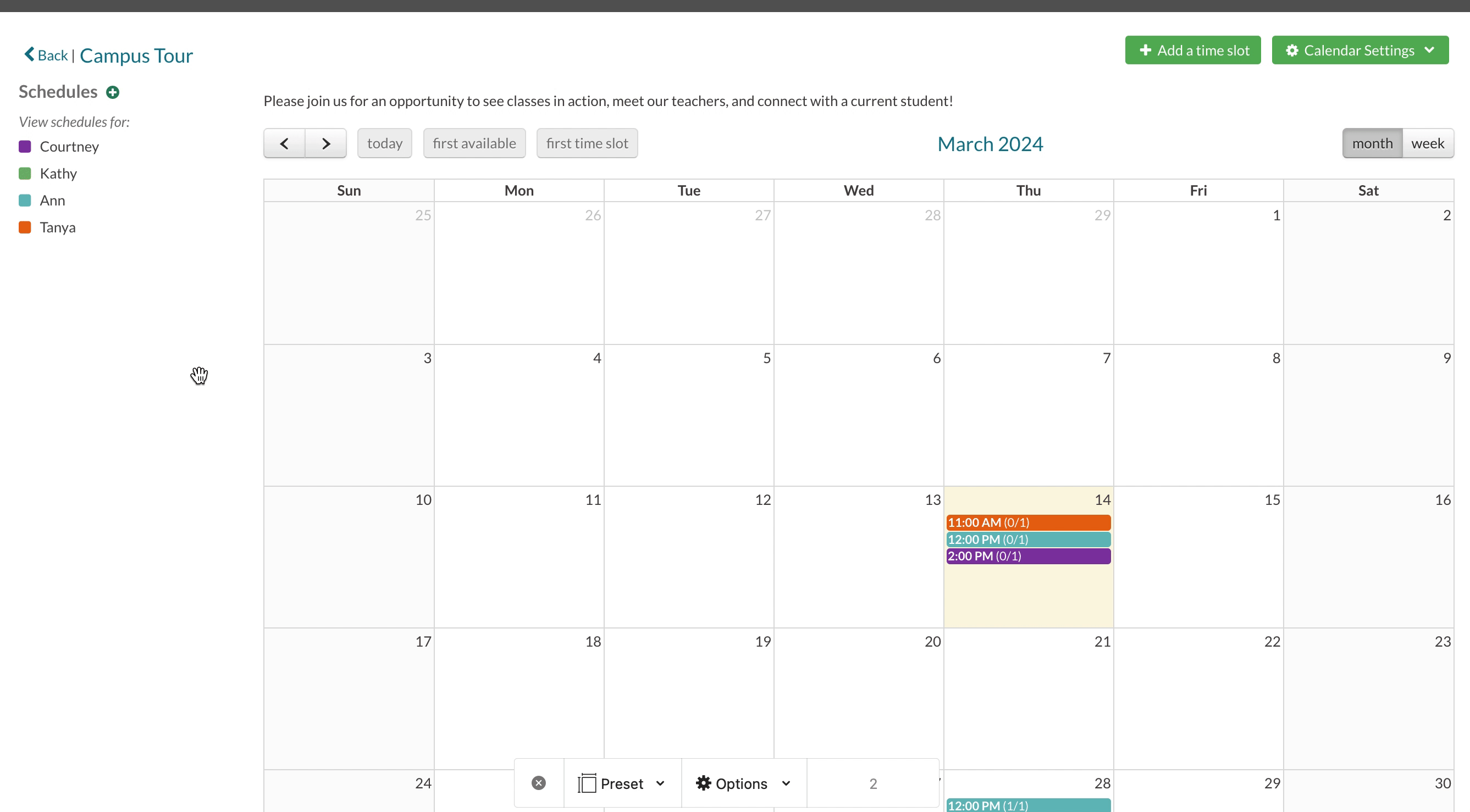 GIF of selecting to hide schedules from Calendar (Admin View)