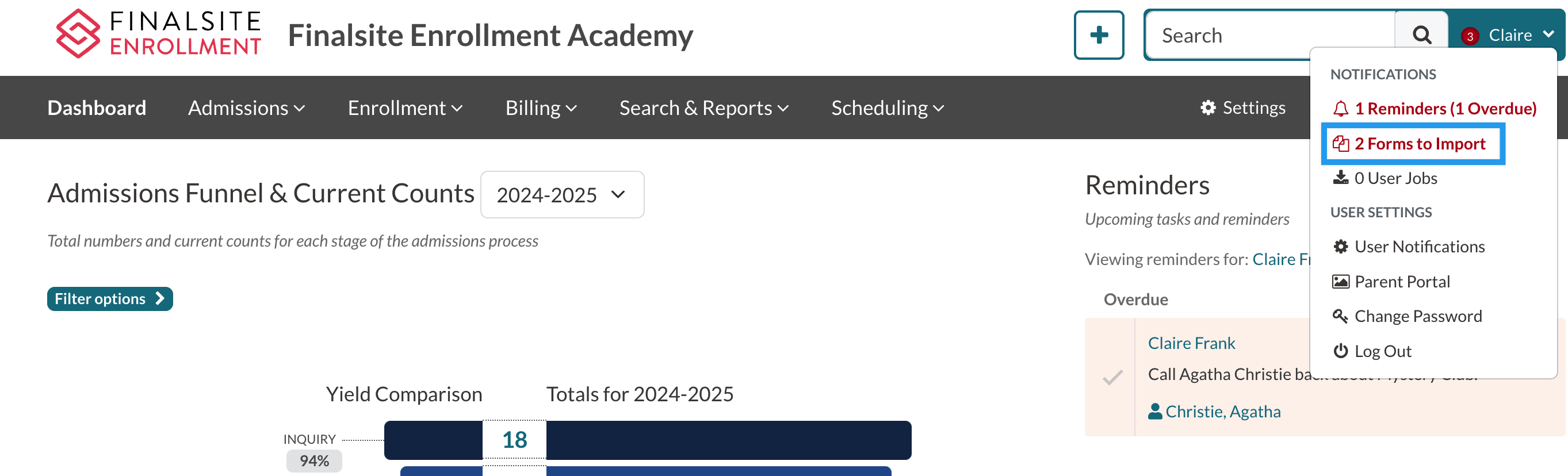 The dashboard page with the username menu open. The Forms to Import option is highlighted