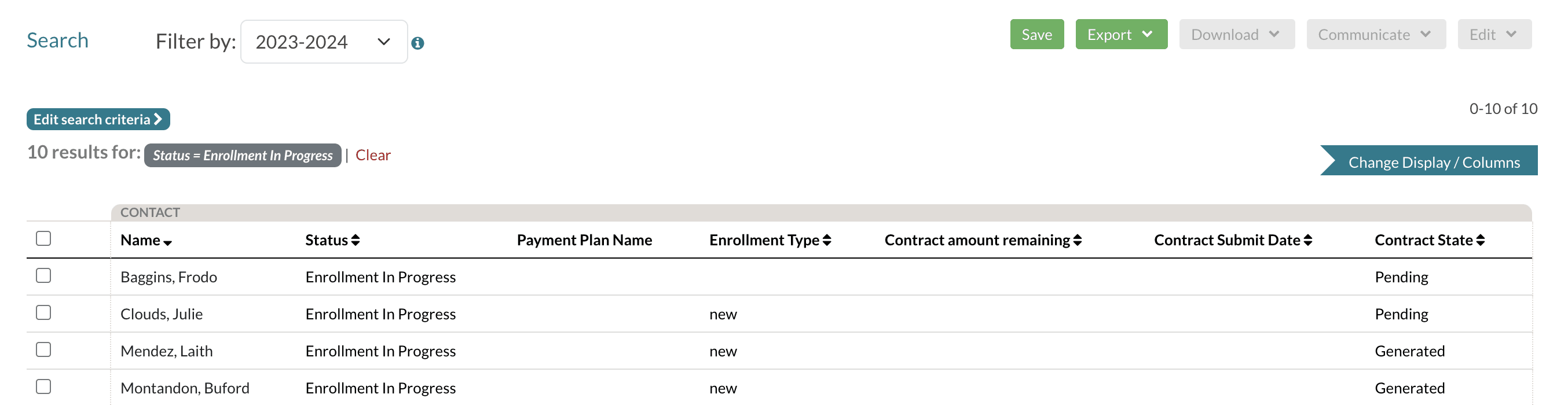 An example search showing contract fields pulled in as columns