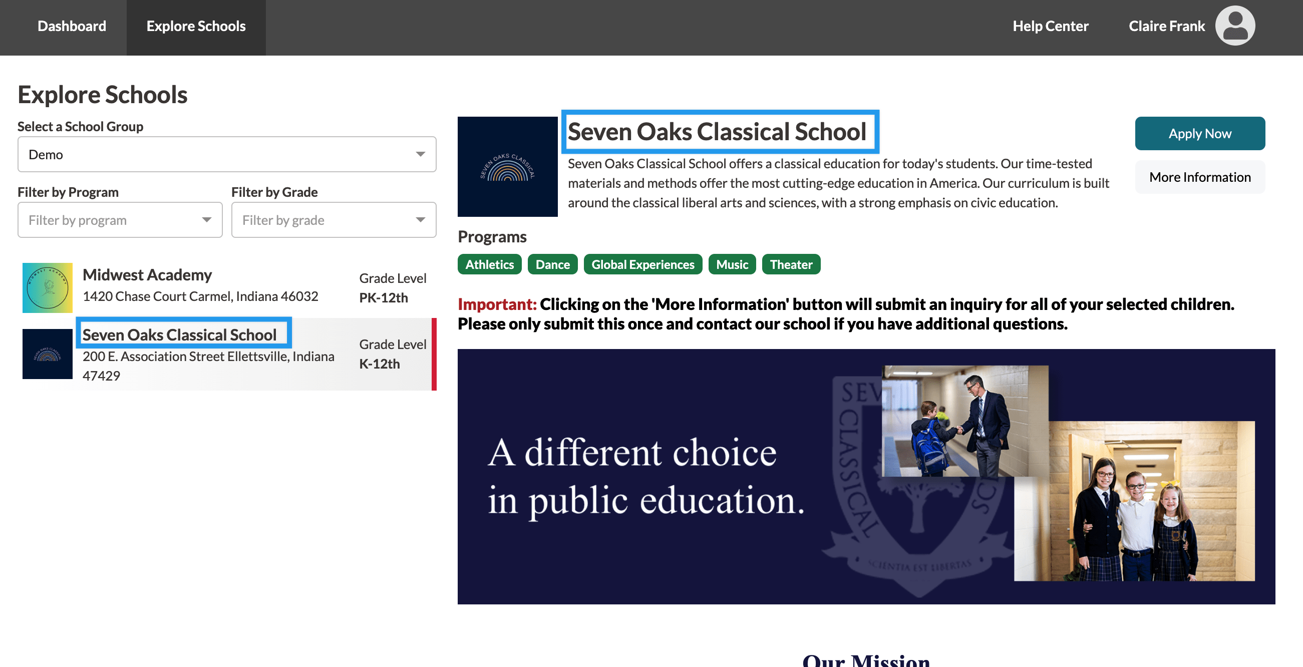 Example of the school name appearing in Finalsite Explore