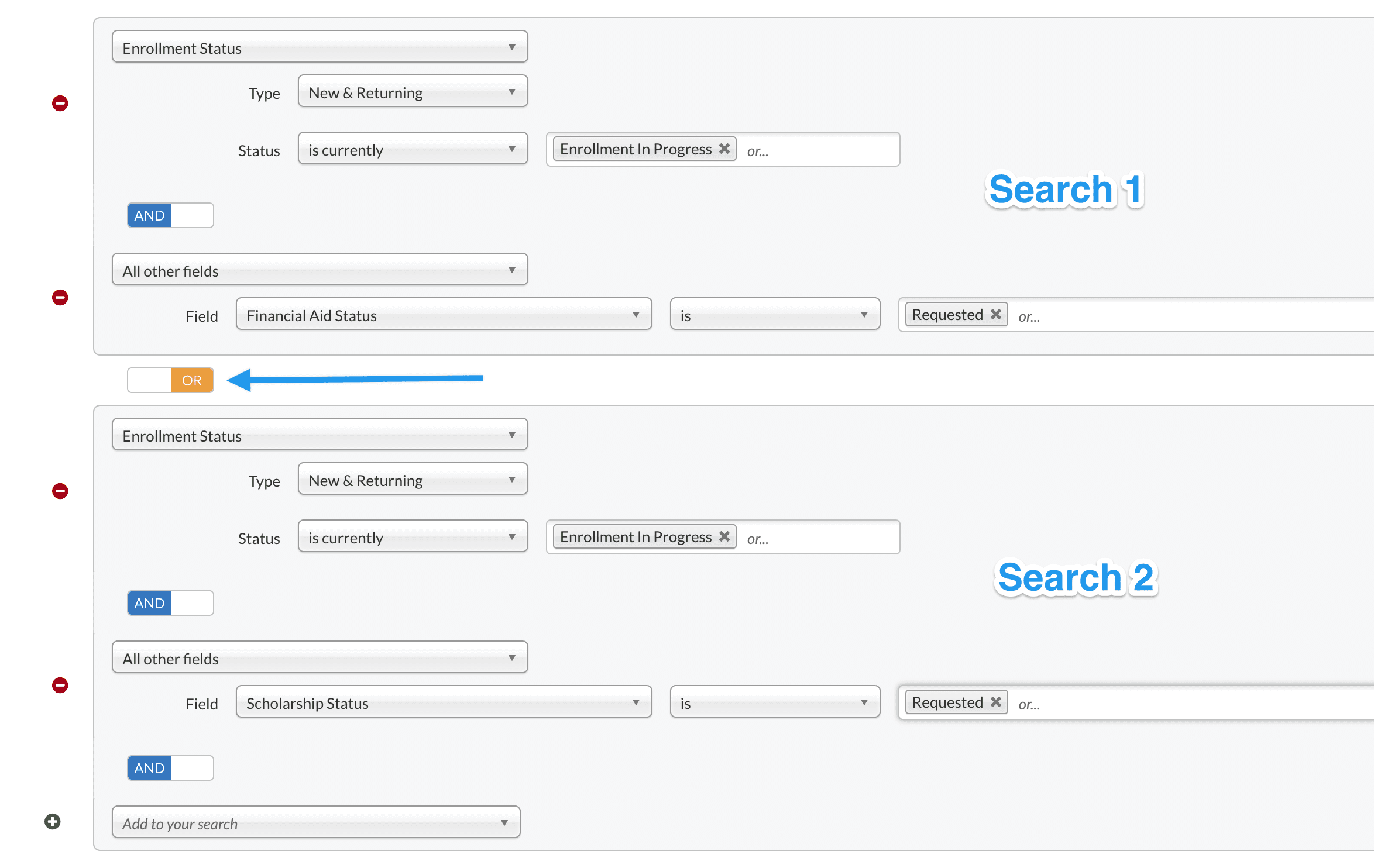 Example Search showing the use of "Or" in the criteria setup.