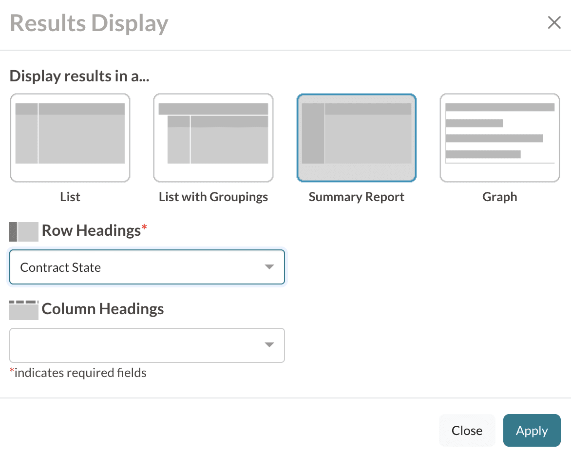 An example search showing a summary report search set up in change display/columns.