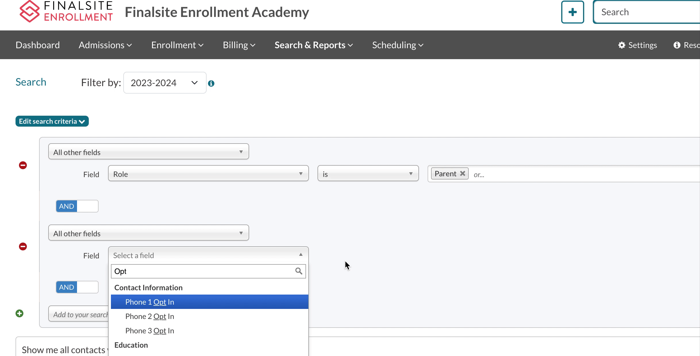 GIF of a search for "Phone 1 Opt in" showing the option to choose whether the parent has selected yes or no to opt in or out of communications