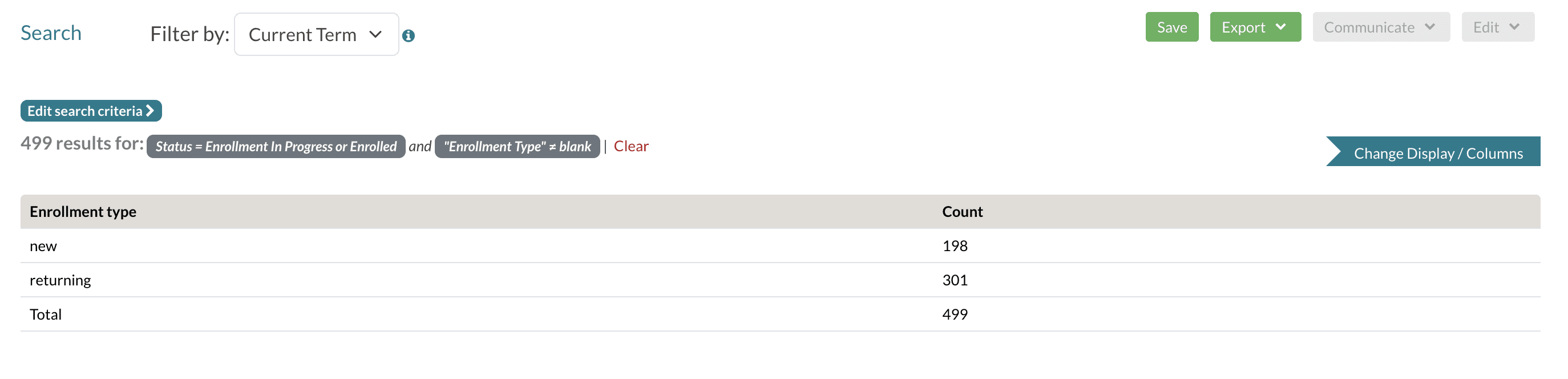 An example search that listed using the Summary Report and sorted by Enrollment Type.