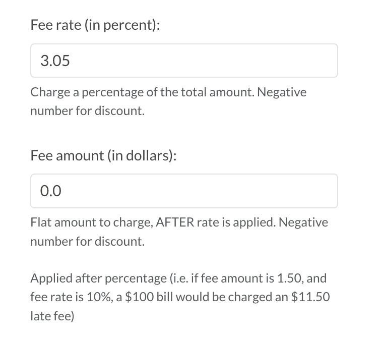 Fee Rate in percent and fee rate in dollars section of the payment setup page