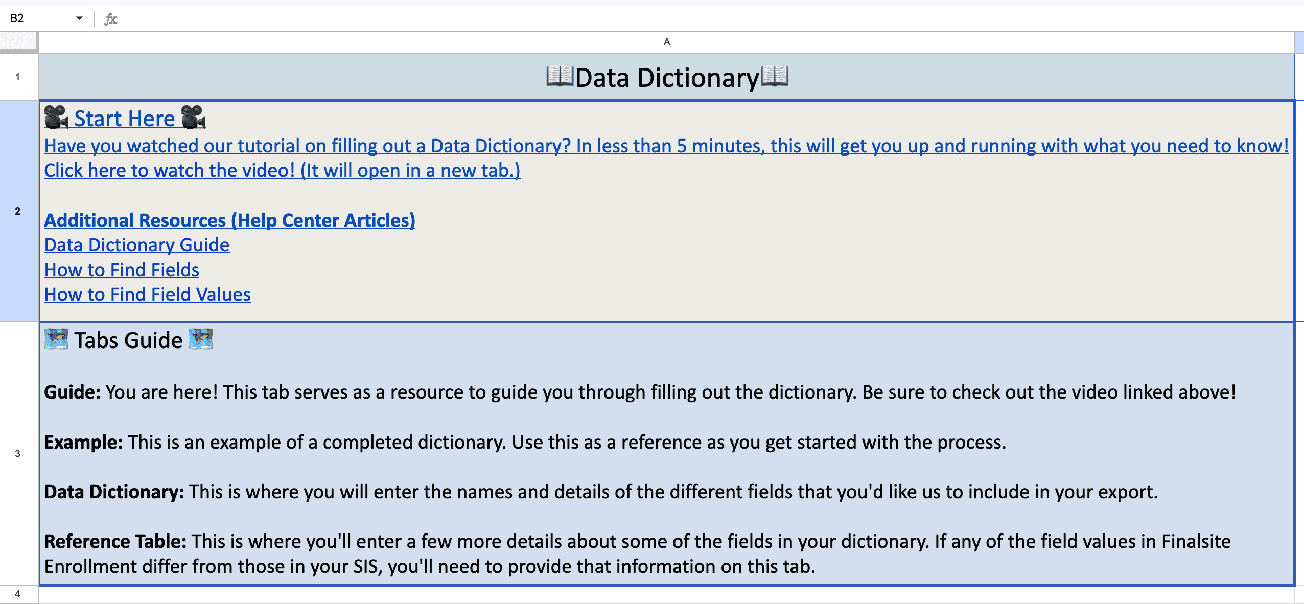 The first page of the Data Dictionary