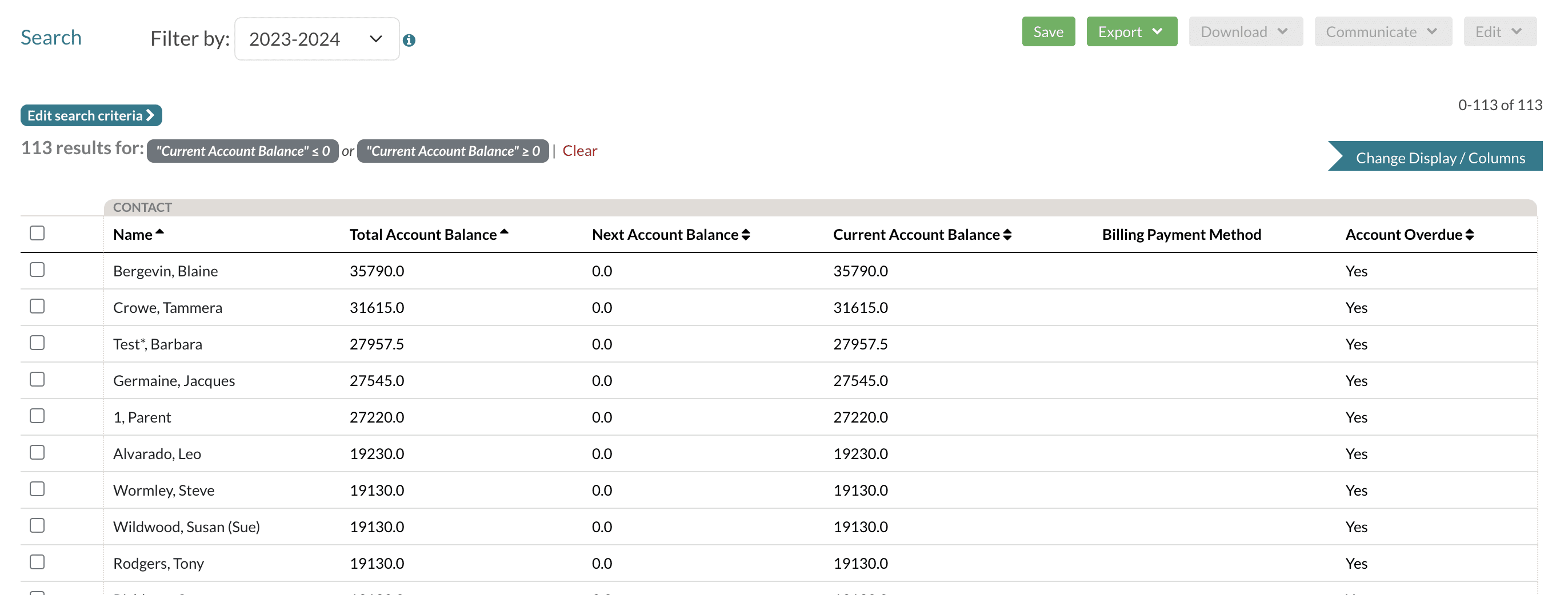 An example billing search pulling in the following columns: Total Account Balance, Next Account Balance, Current Account Balance, Billing Payment Method, Account Overdue.