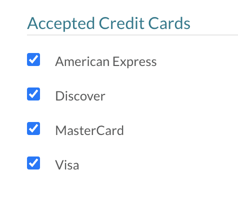 Accepted Credit Cards Section of the Payment Setup page