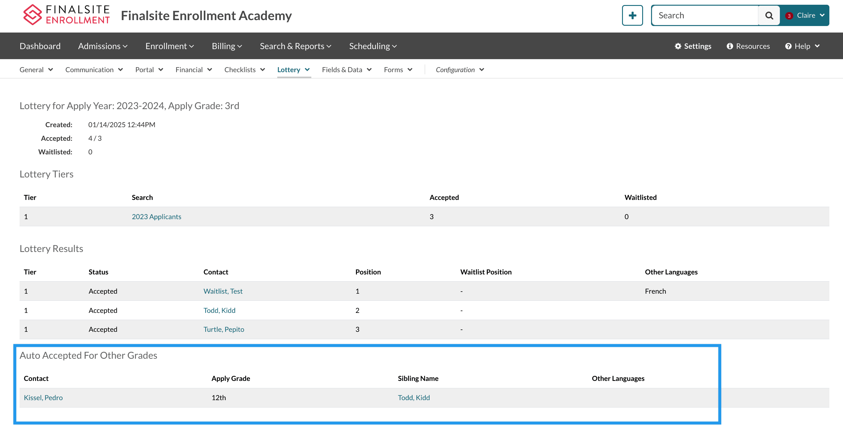 An image of the view lottery page (after a lottery has been run) with the Auto Accepted students section highlighted.png