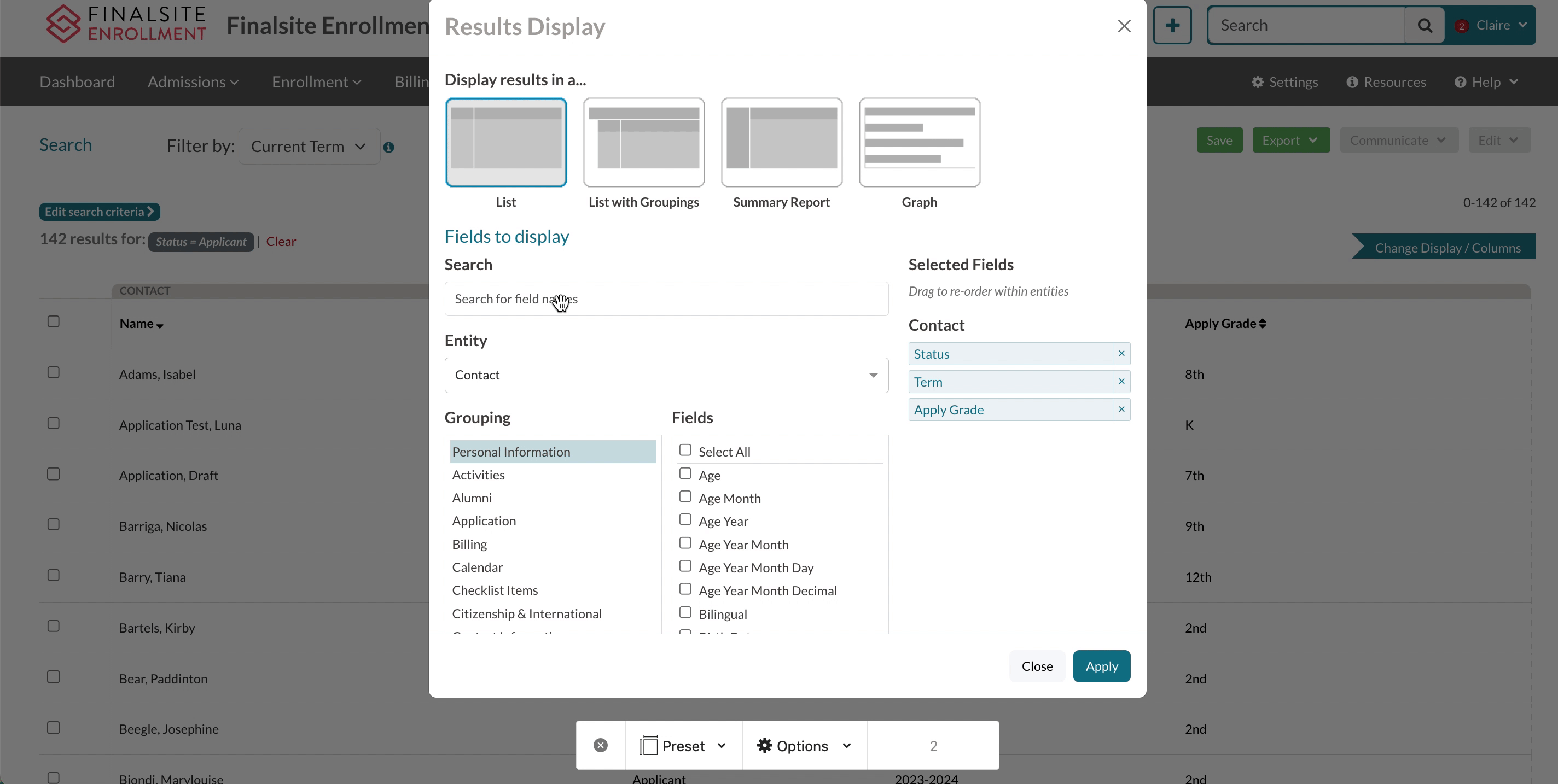 GIF of adding and editing fields in the Selected Fields section