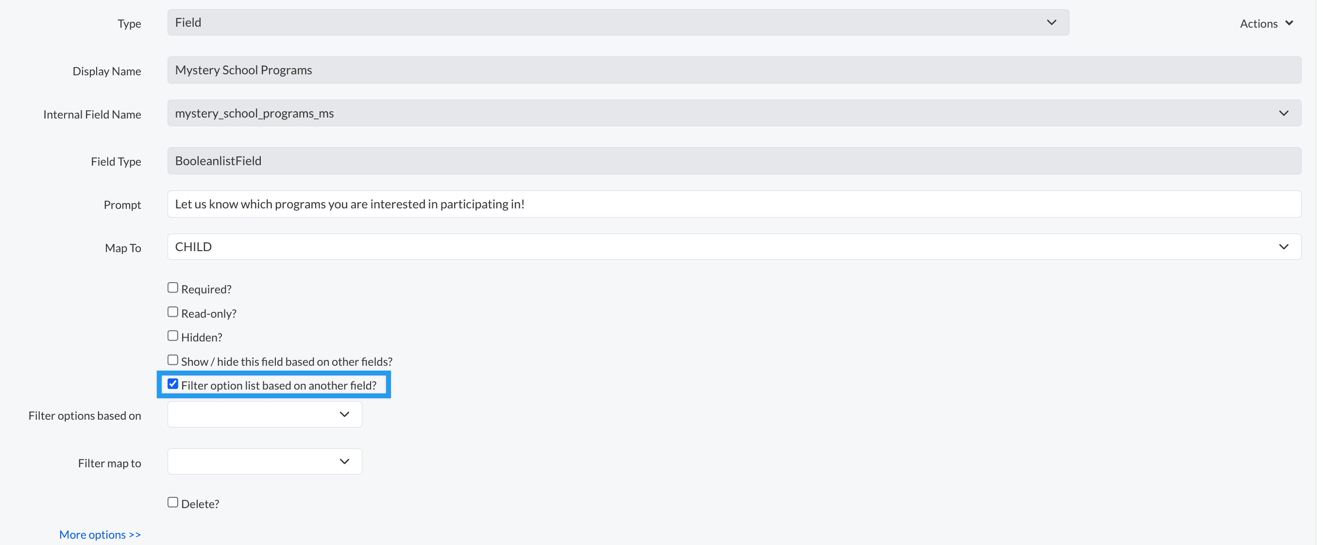 The Filter option on a question within the Advanced From editor.