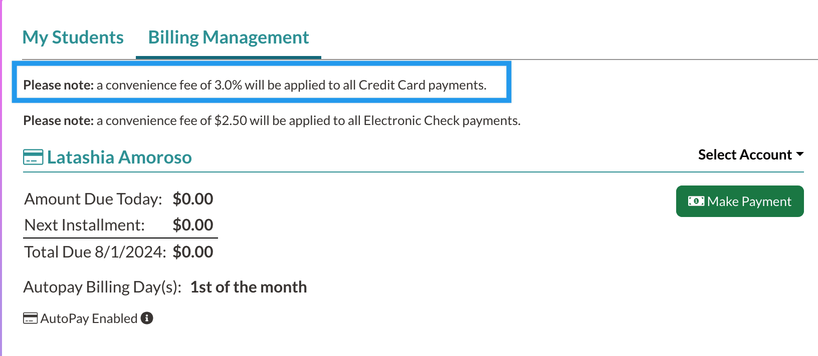 Credit Card convenience fee note in the parent portal