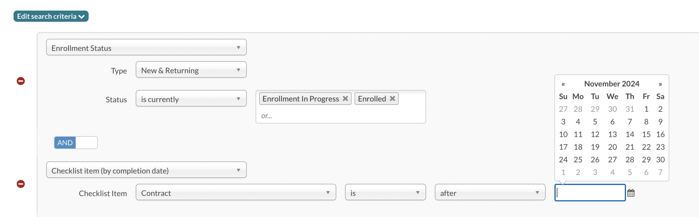 Setting up the search criteria for new and returning Enrollment in Progress and Enrollment student with the addition of the contract completion date being after an example date.