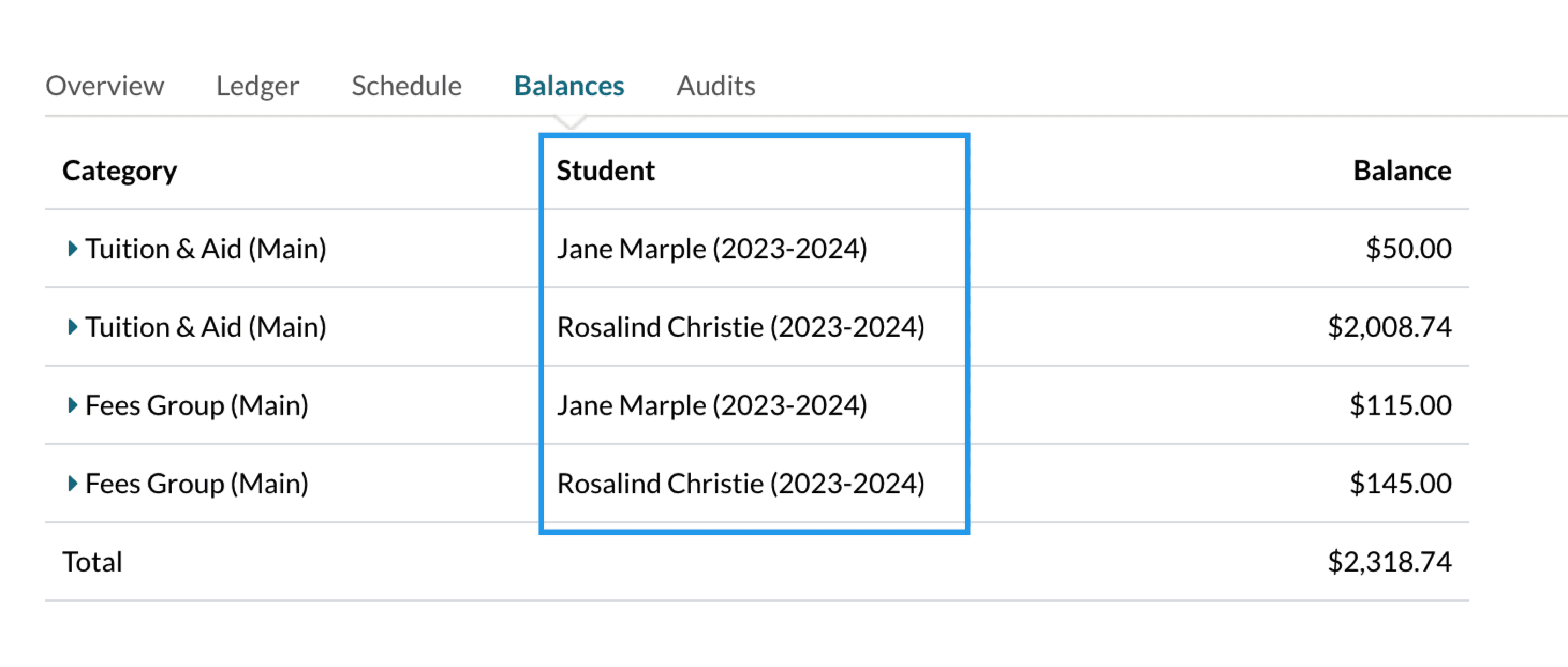 Example Balances tab with the student column highlighted.