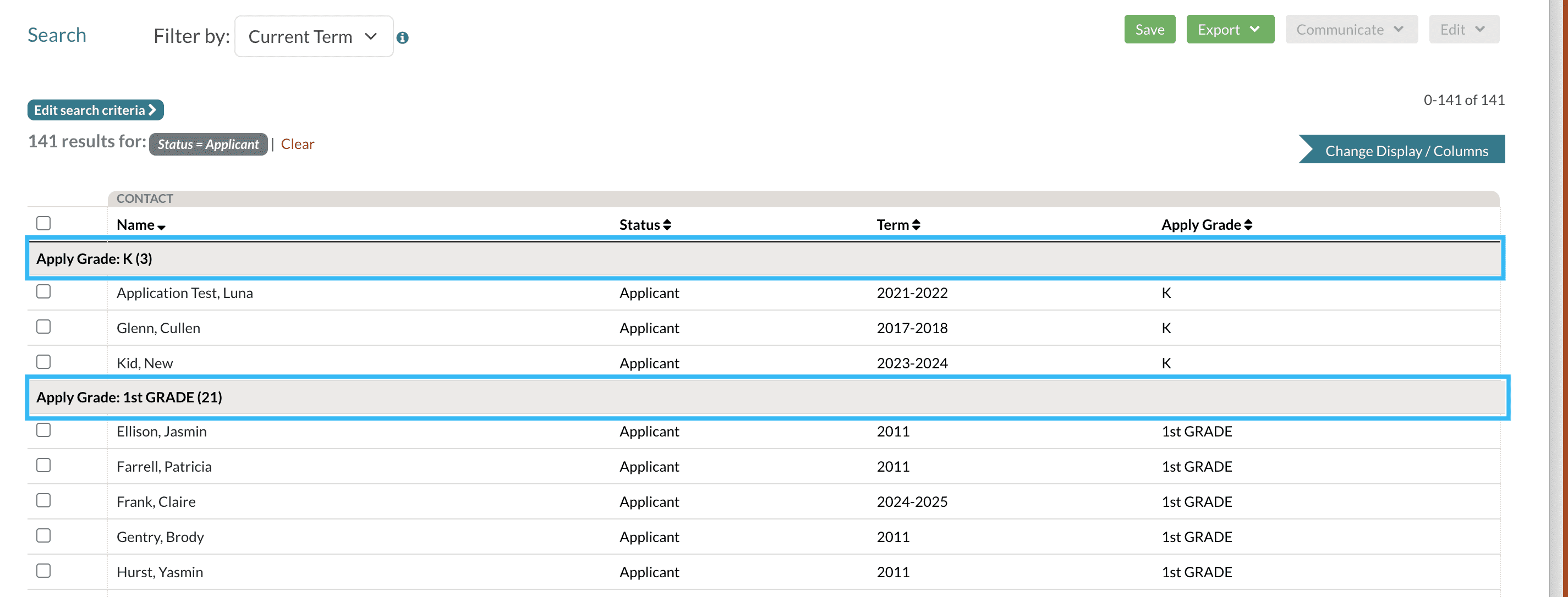 A search grouped by grade