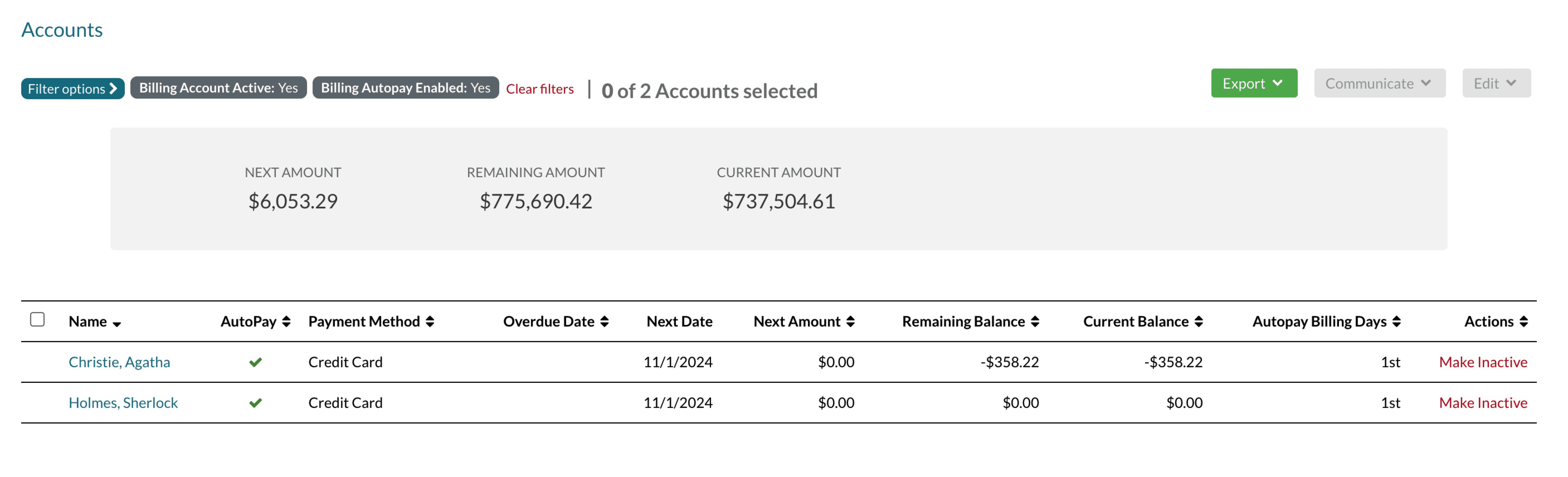 The accounts list page. View of the entire page.