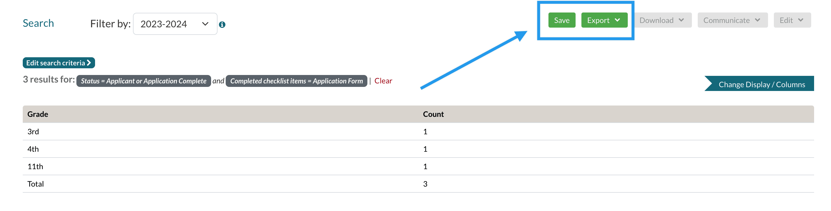 An example search with the Save and Export options highlighted