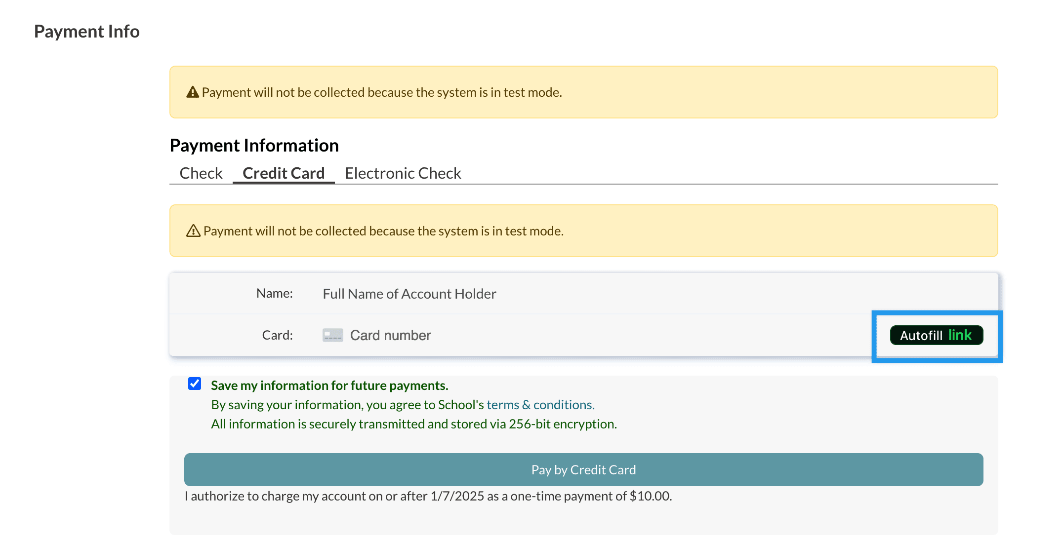 A payment page with the Autofill link option highlighted