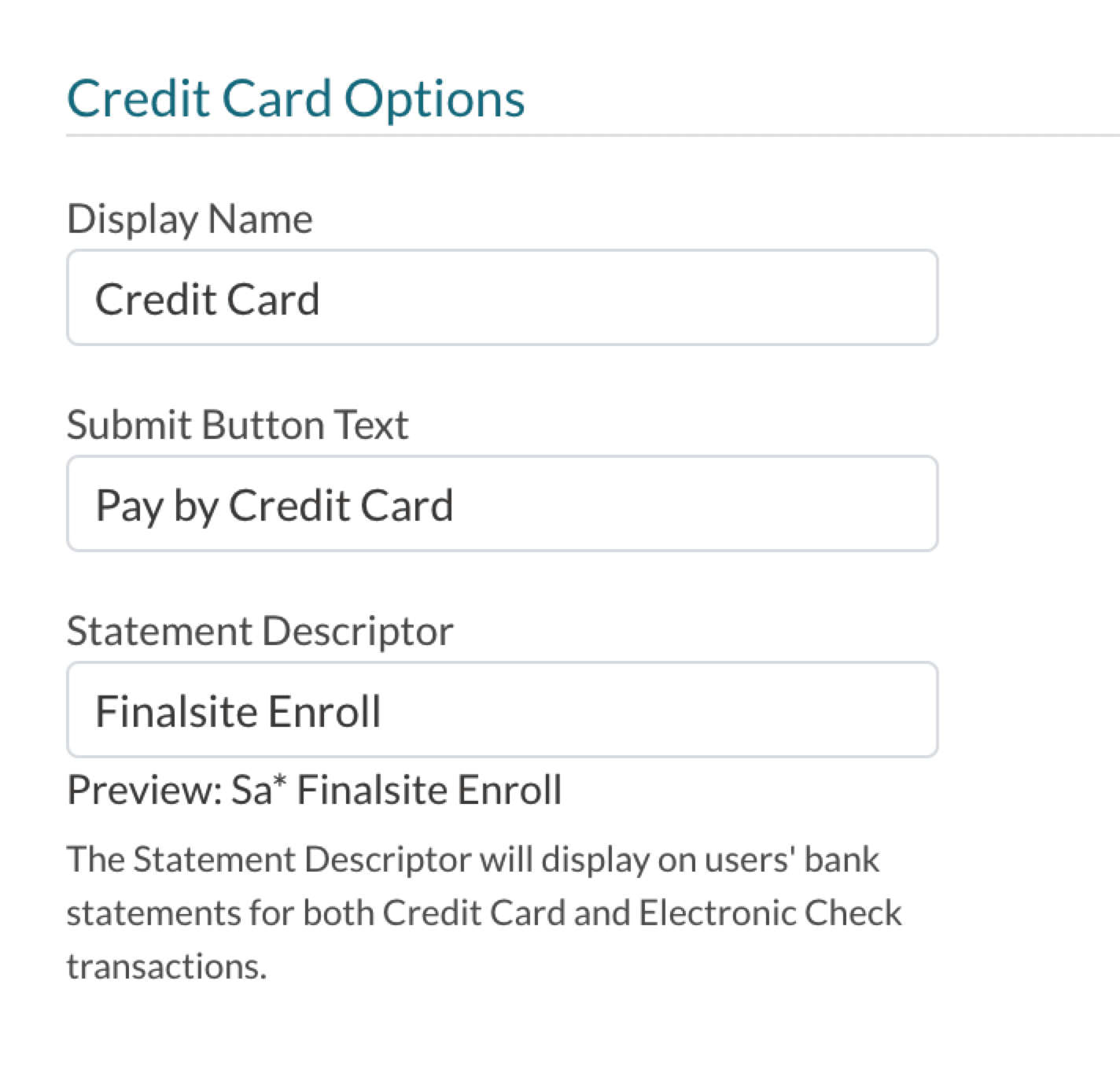 Credit Card options on the Payment Setup page