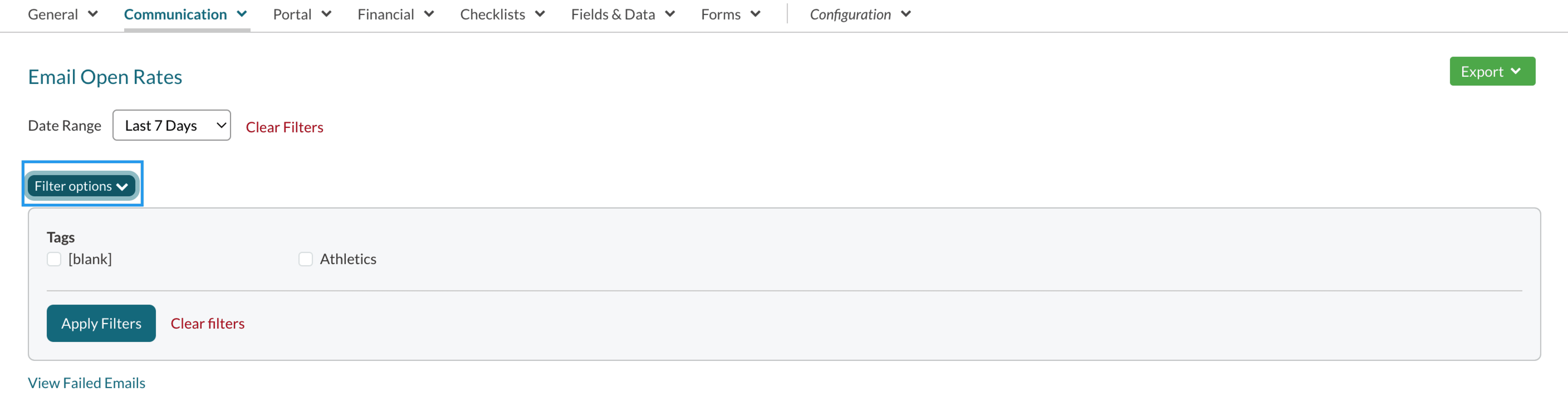 Filter Options dropdown on the Email open Rates page.