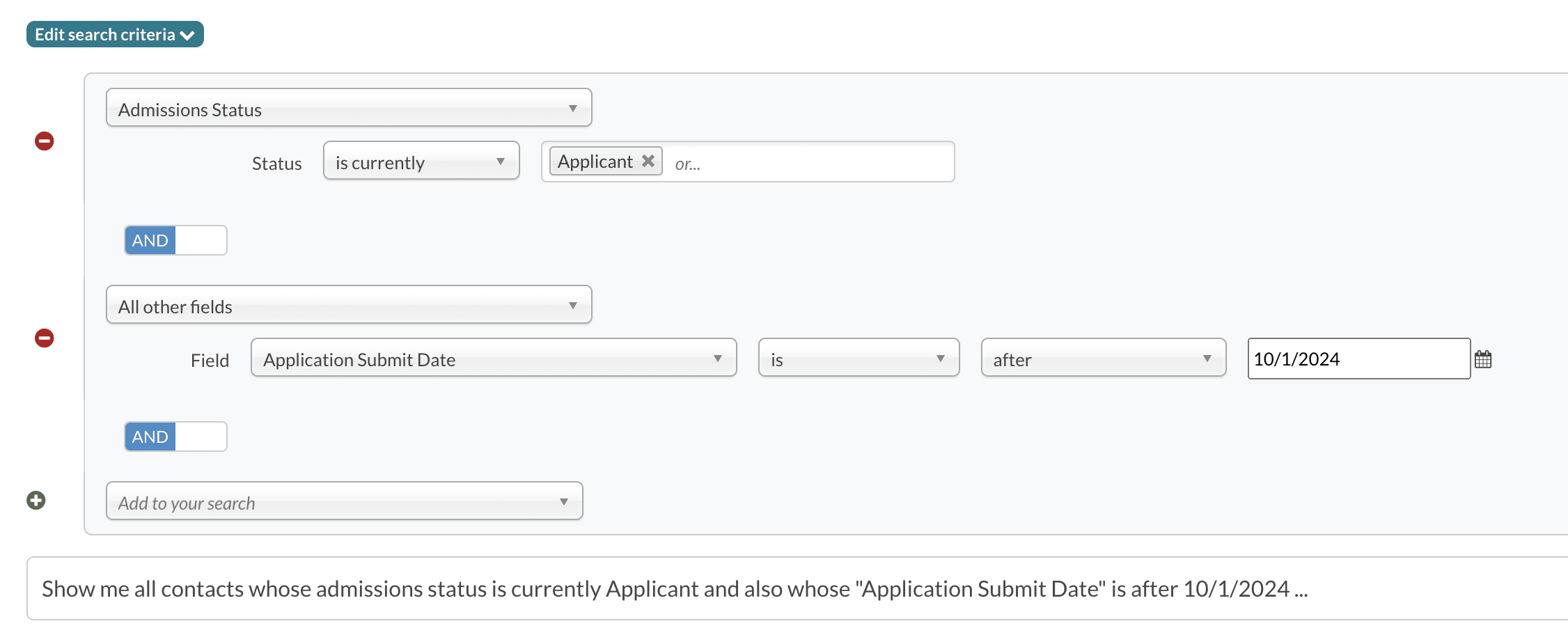 An example search for all applicants who applied before October 1, 2024.