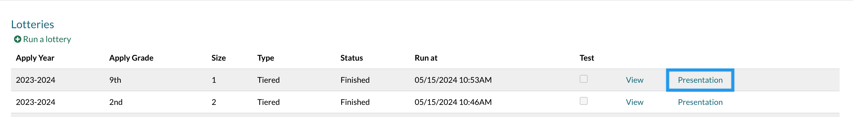 The presentation option on the Lottery page.