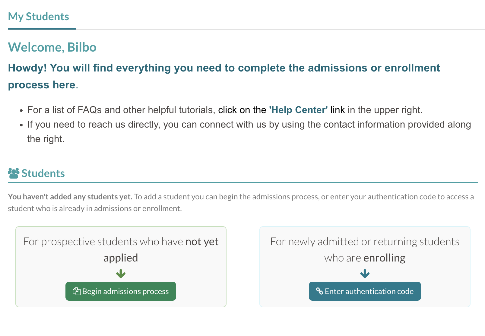 Example of the parent portal with no students attached when Parent Admissions Application is enabled