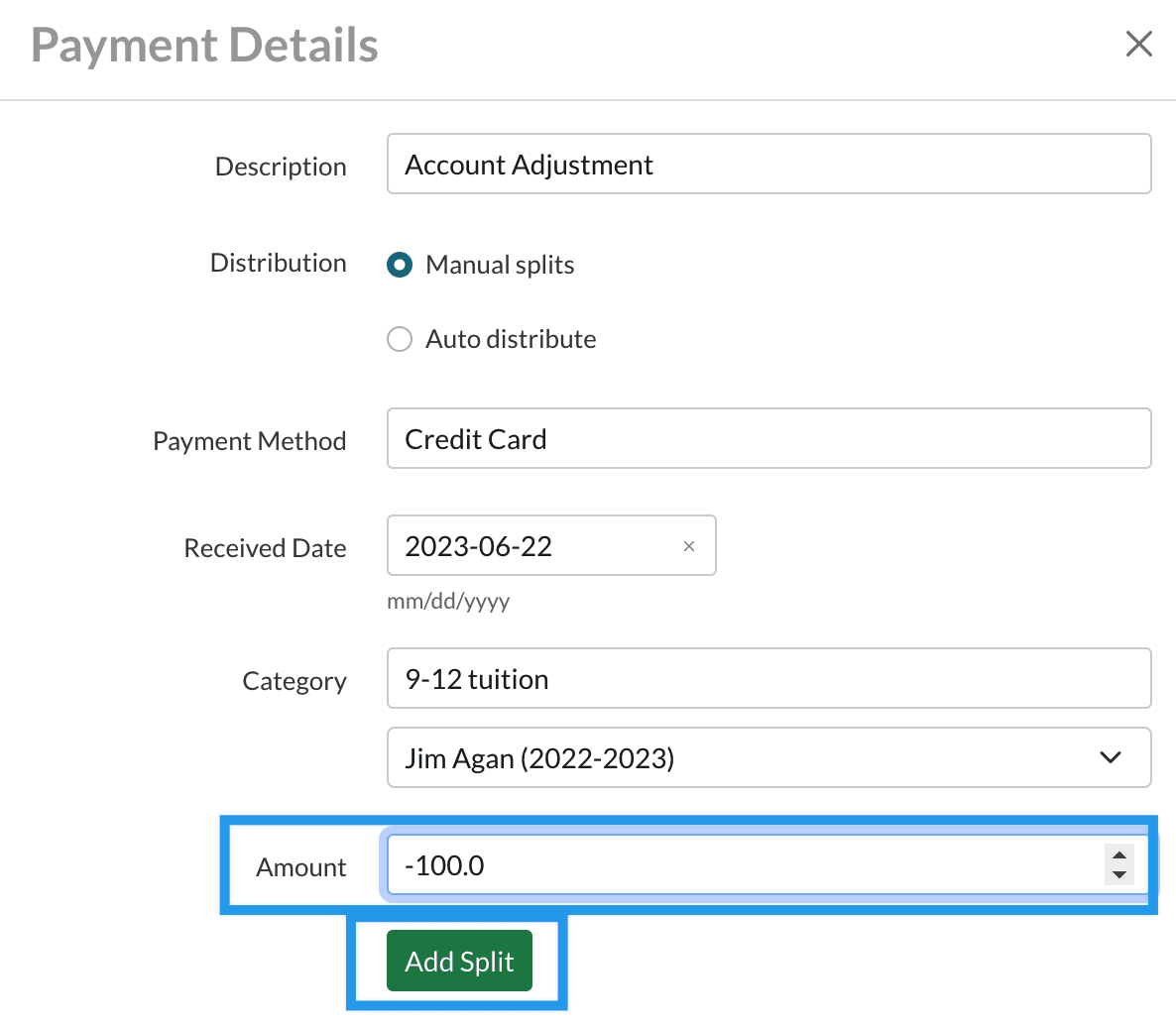 An example of the Add Payment pop-up.