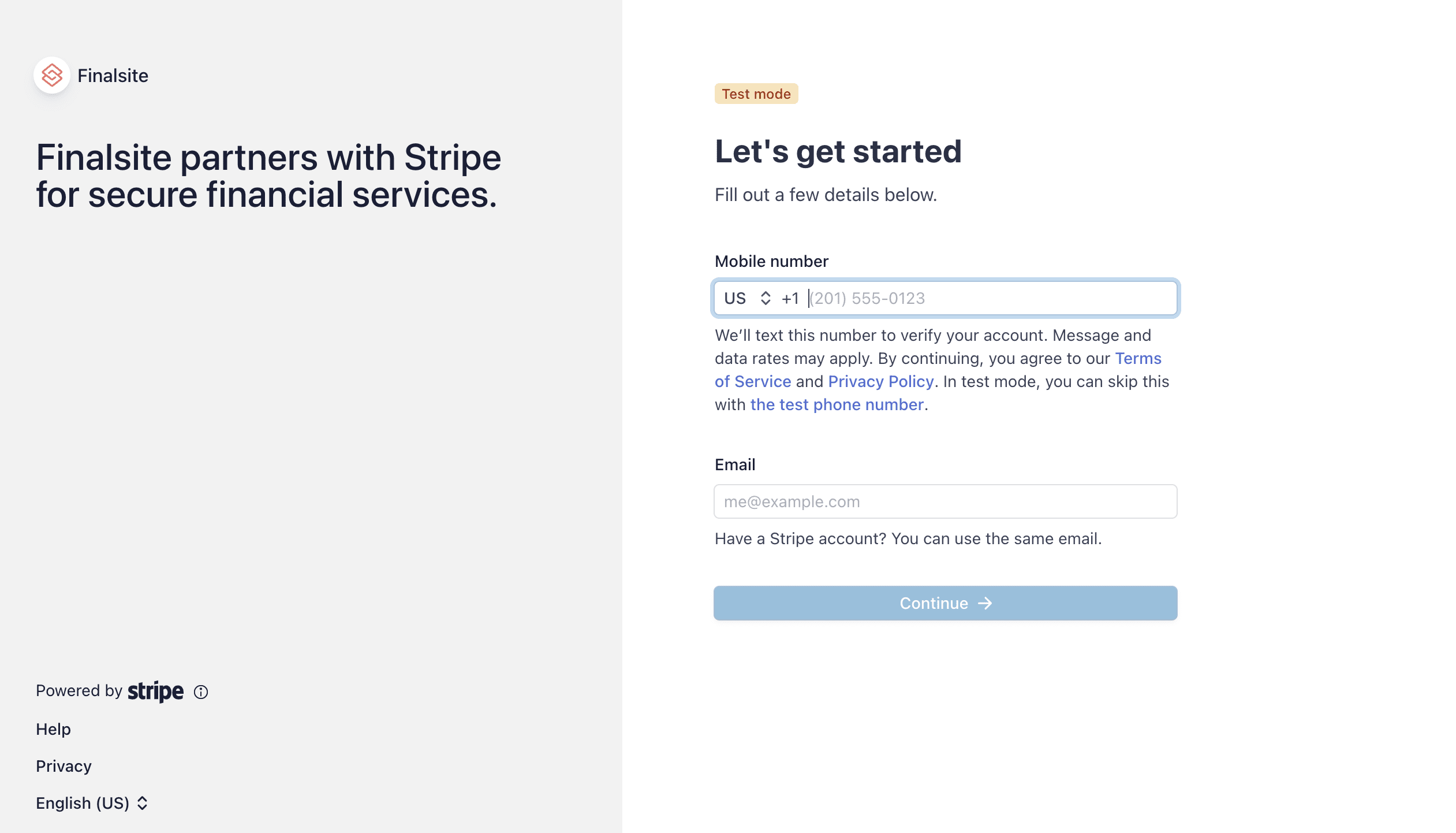 First page in Stripe, asking you to enter a phone number.