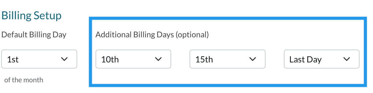 The Additional Billing Days section of the Billing Setup page.