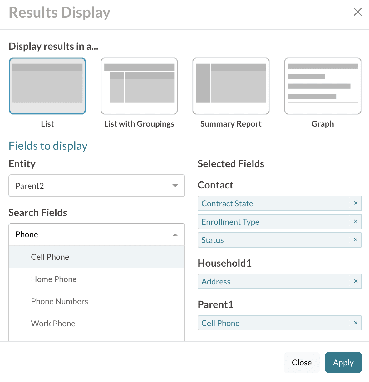 A results display (Change Display/Columns) in a search showing pulling in the Primary parent's phone numbers