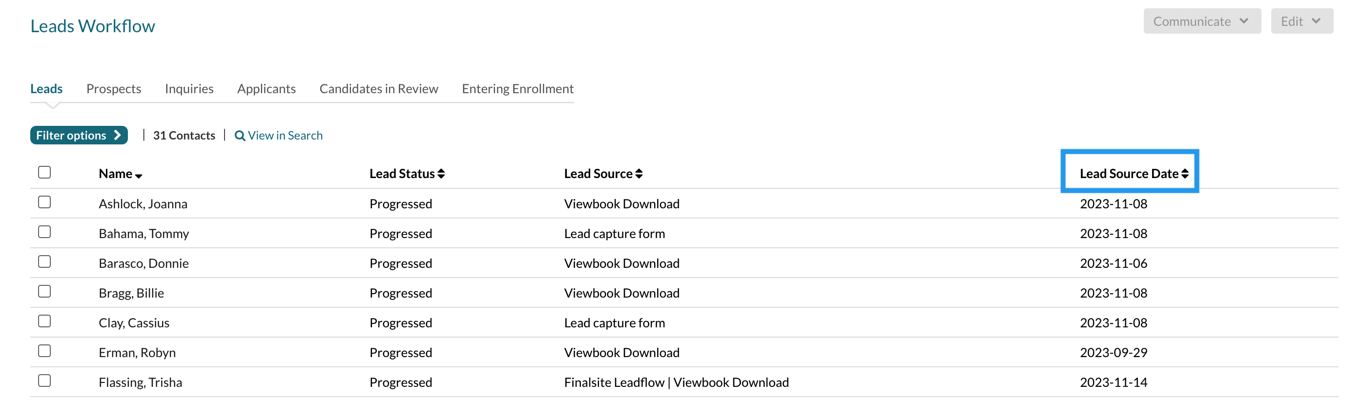 The leads workflow list page with the source date column highlighted