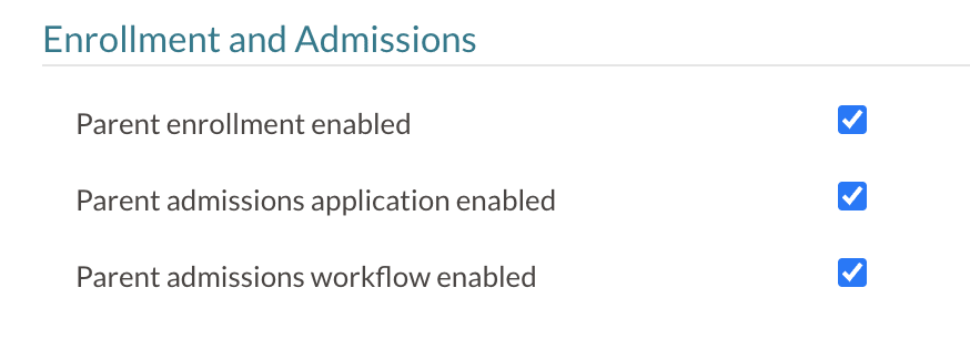 Enrollment and Admissions section of the Parent Portal Content page