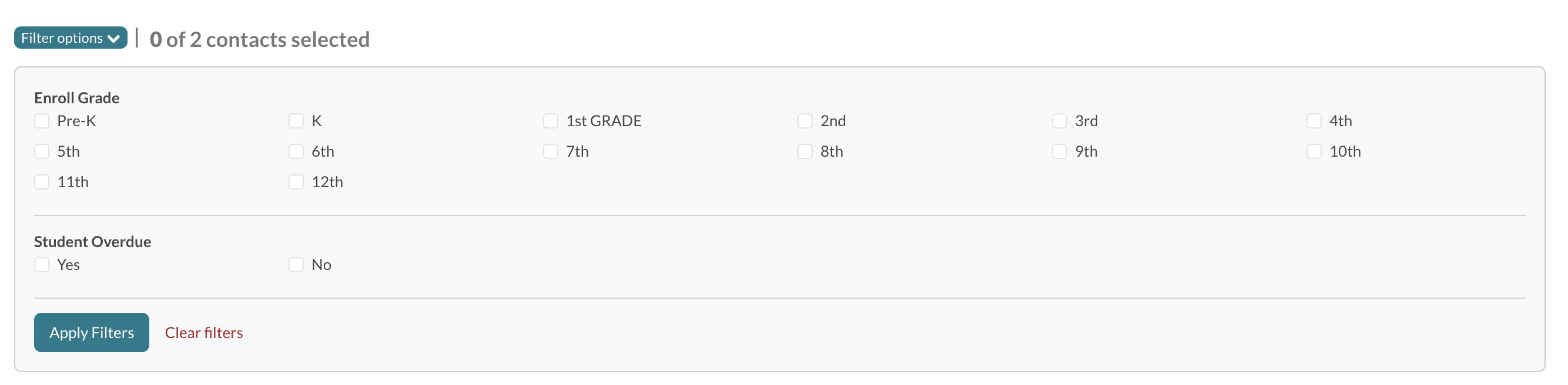 Filter Options on the Students page.