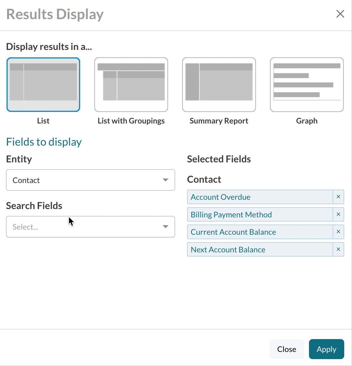 A GIF of pulling in a field column in the Results Display pop-up