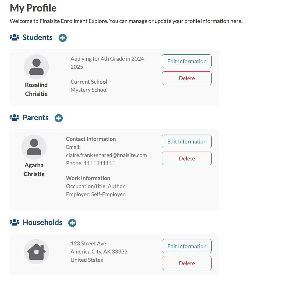 Finalsite Explore My Profile page