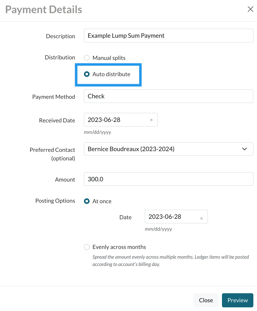 Example lump payment being auto-distributed.