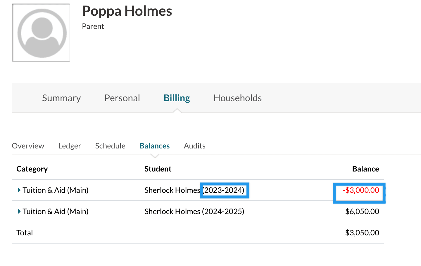 Example of a credit balance in a previous term.