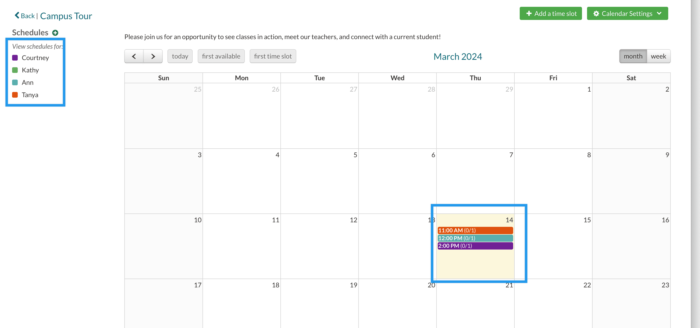 A Calendar showing different color schedules appearing on the admin side