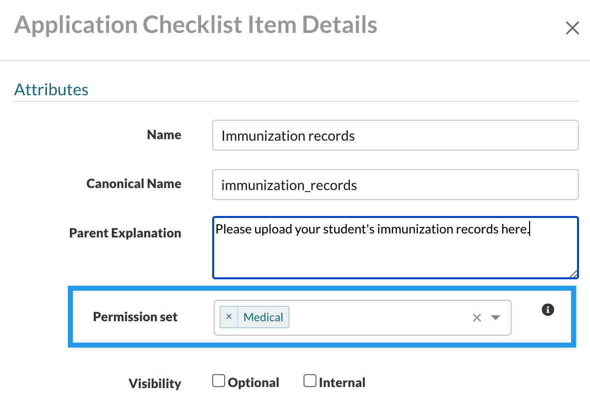 Example of a checklist item with Medical Permissions set.