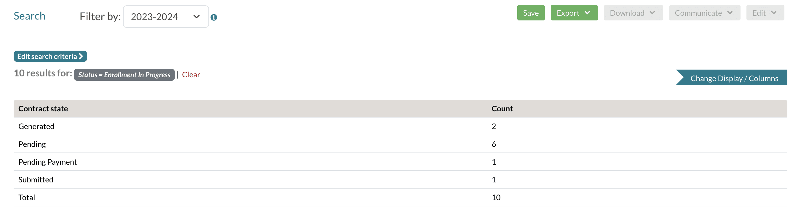 An example Summary report search for the contract state of Enrollment in Progress students