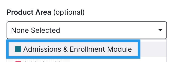 Admissions and Enrollment option from product dropdown in  feature request form.