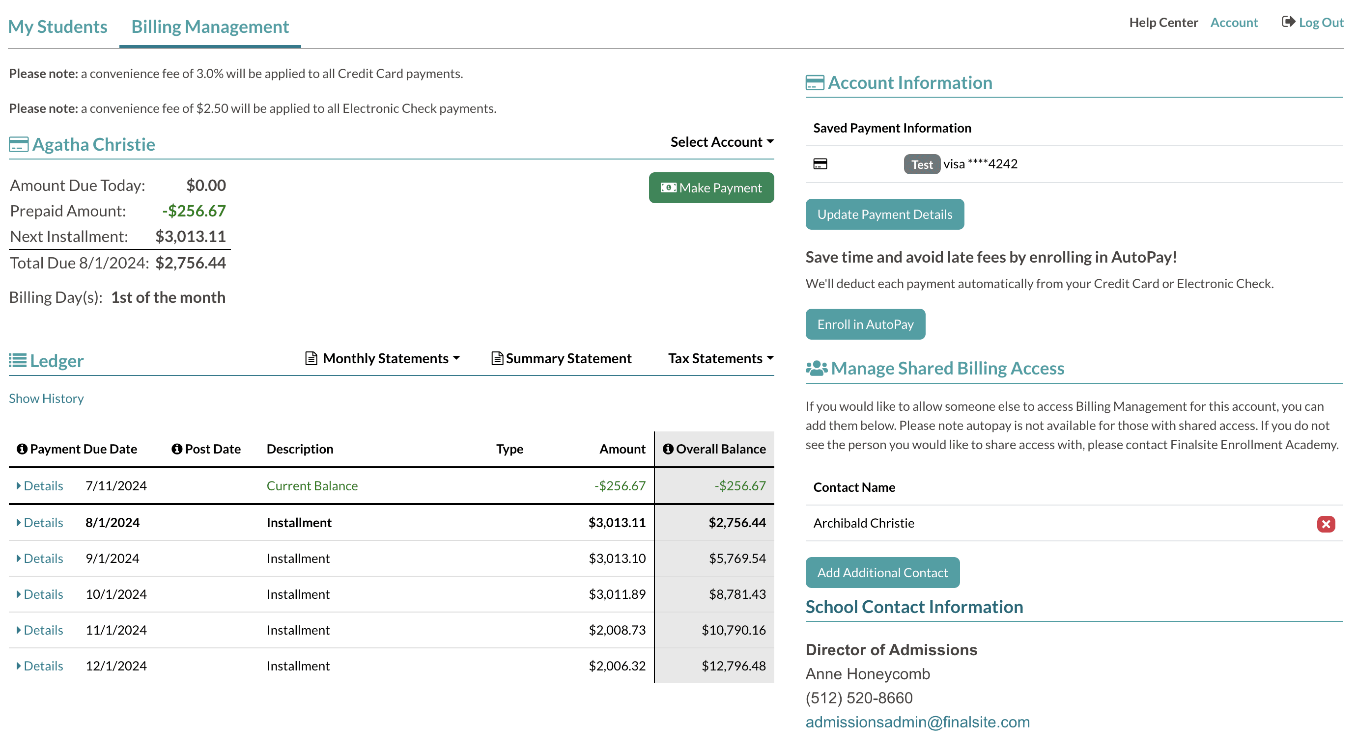 Example view of a parent Billing Management widget