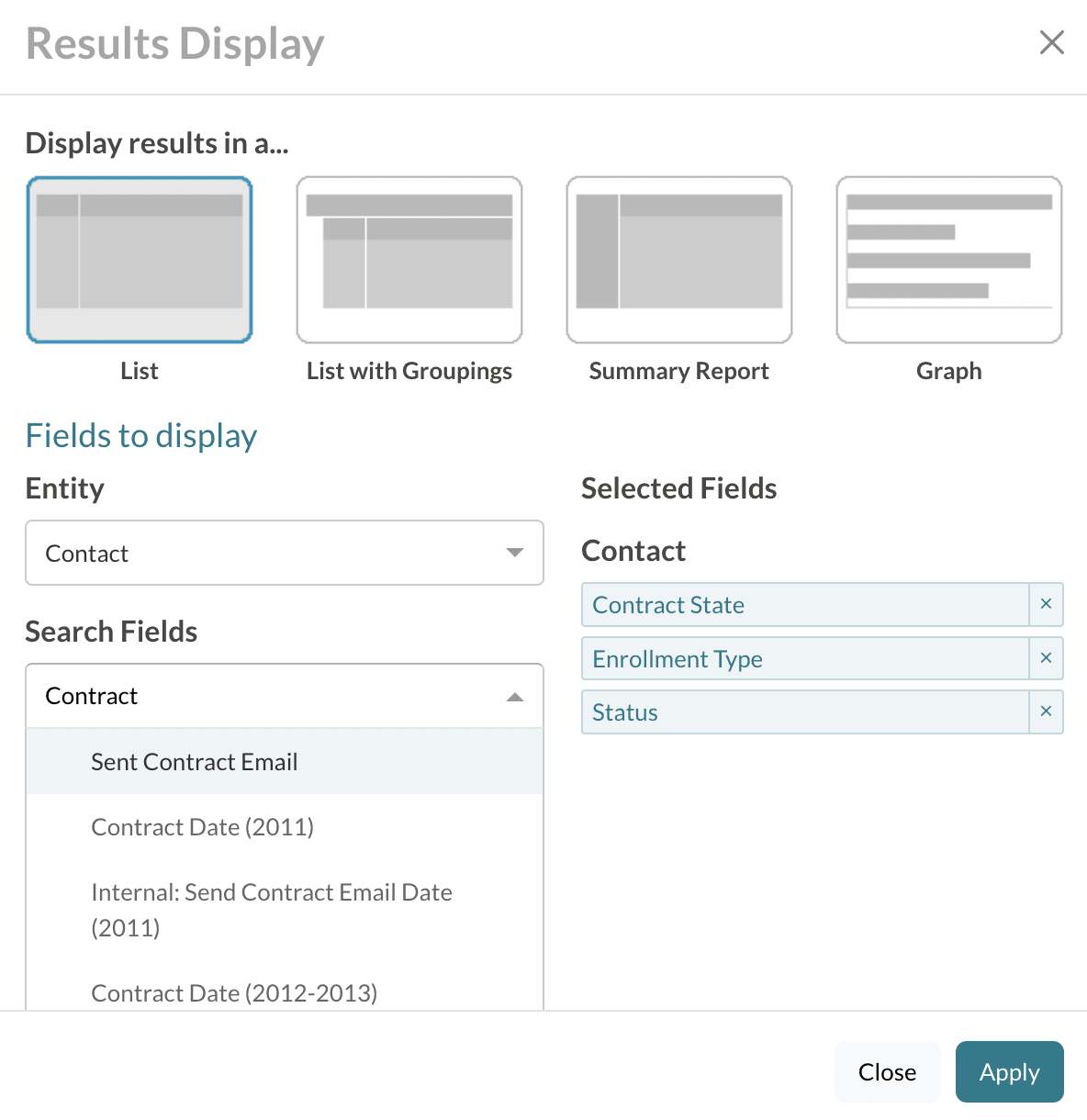 The results display window in a search (Change Display/Columns pop-up) showing how to pull in Contract related fields.