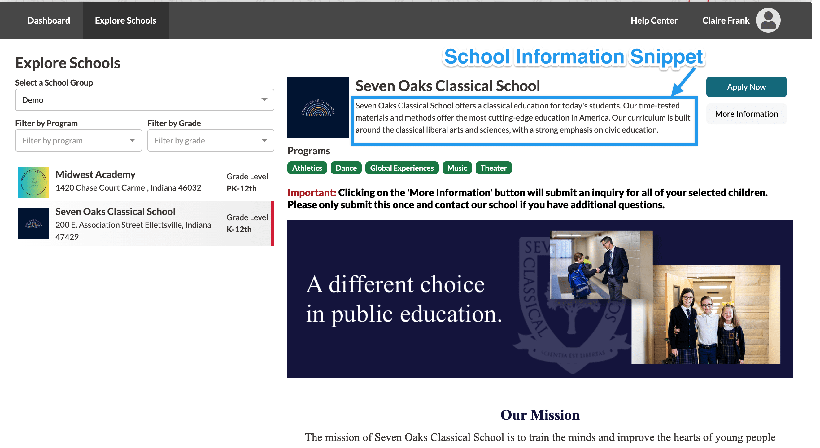 Finalsite Explore showing there the school informaiton snippet is