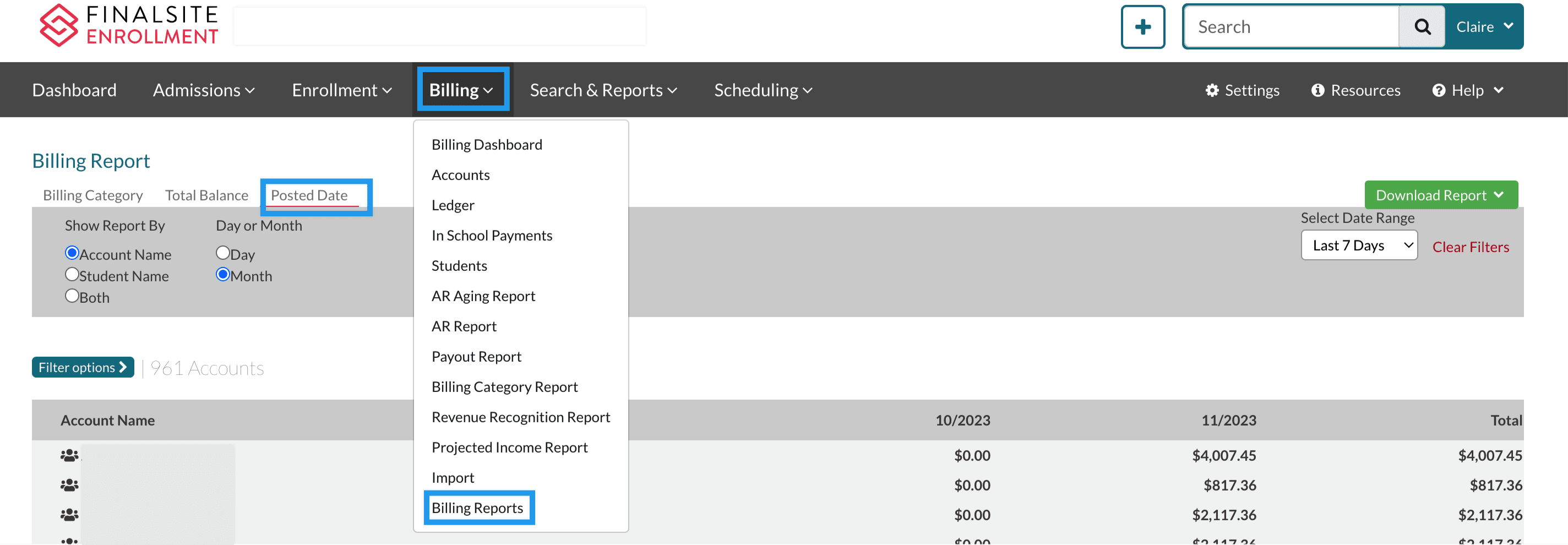 Posted Date Page of the Billing reports pages.