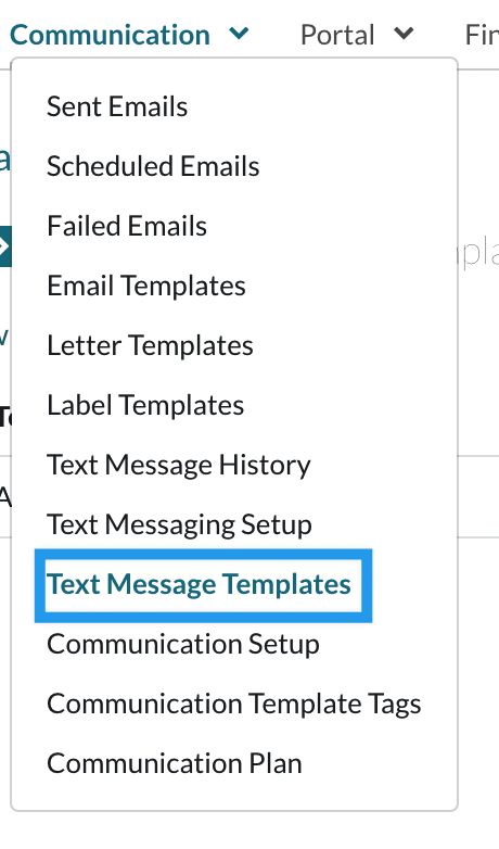 Communication menu with the text message editor page highlighted.