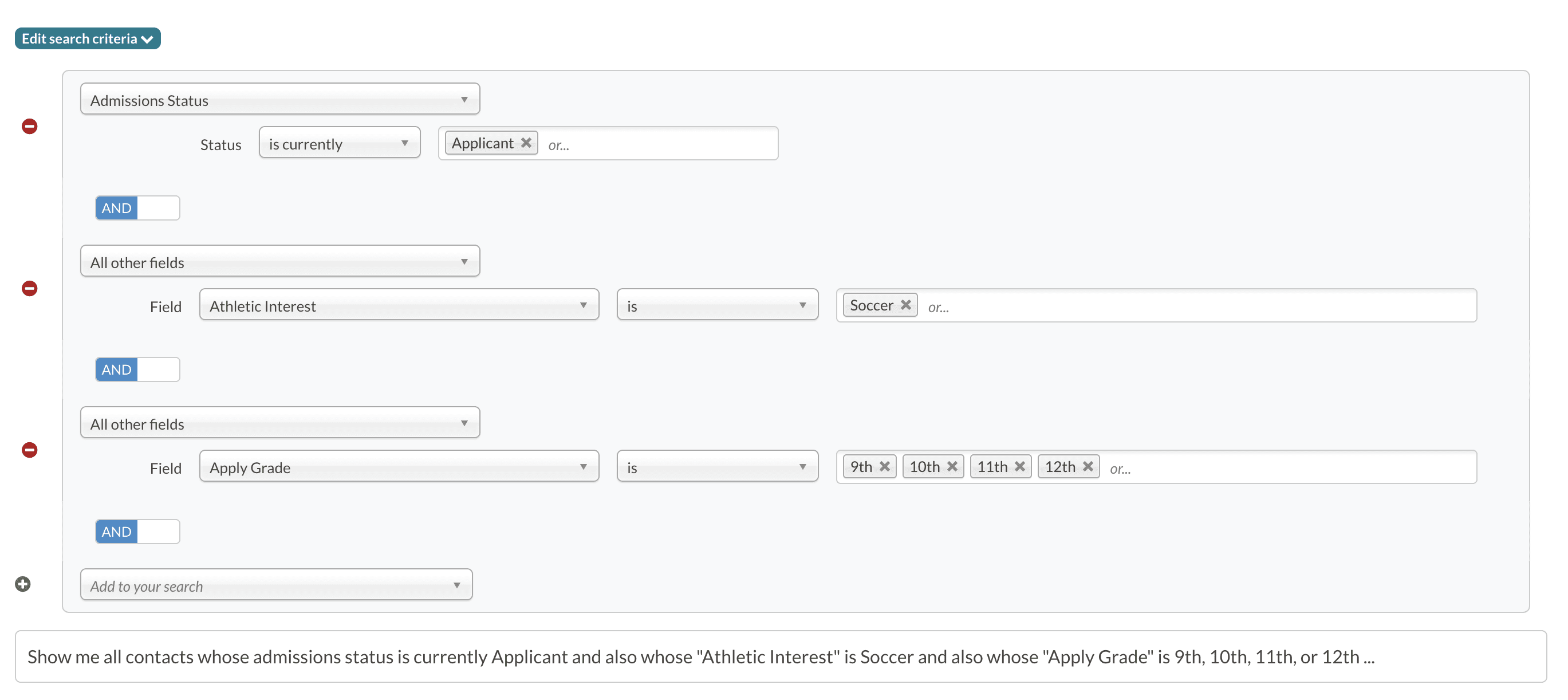 Example search for all applicants in 9th, 10th, 11th, or 12th grade whose Athletic interest is Soccer.