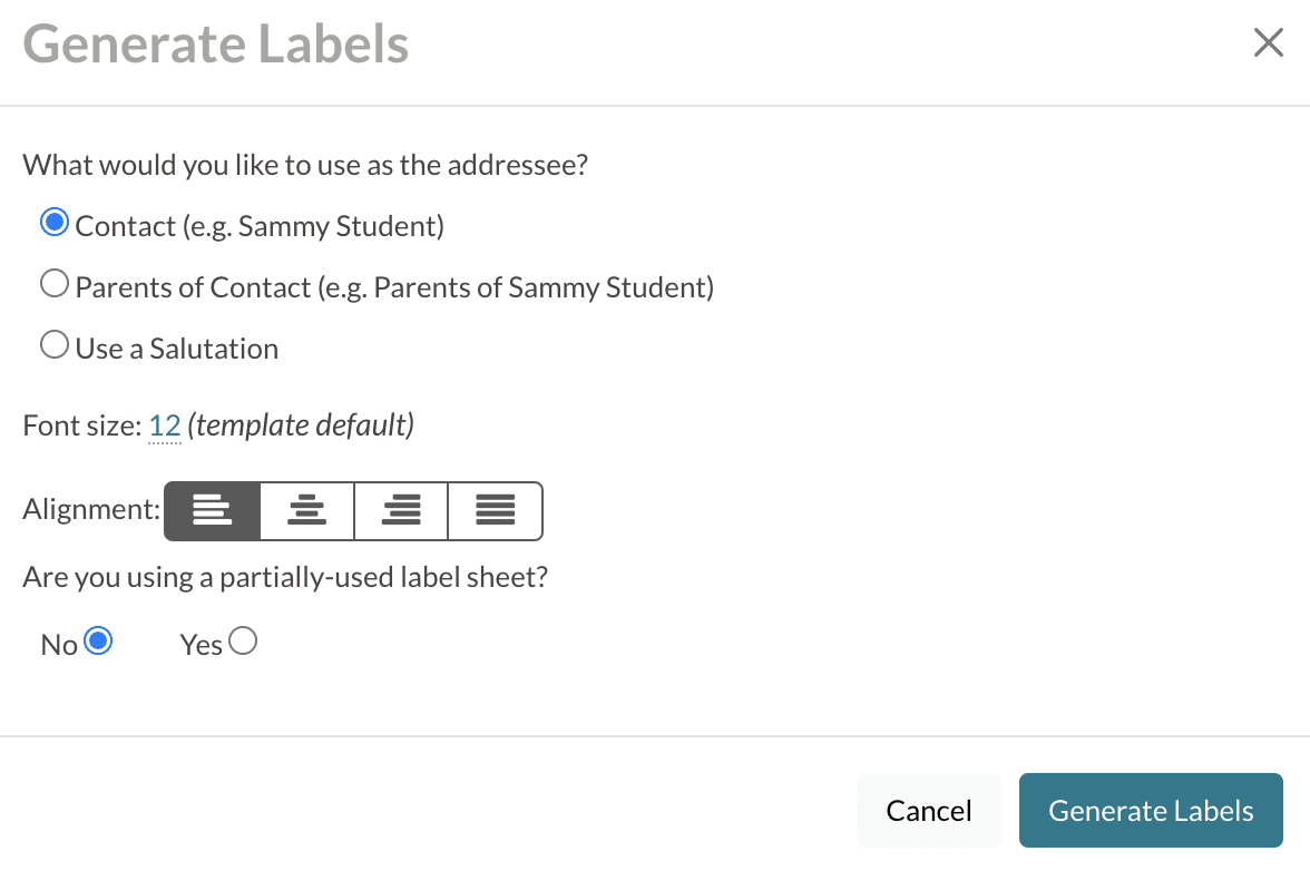 Generate Labels dialogue box